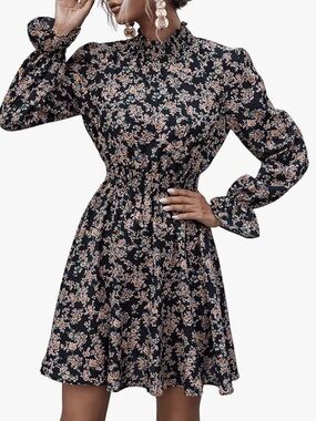 Floral Smocked Waist Long-Sleeve Dress - Black/Pink